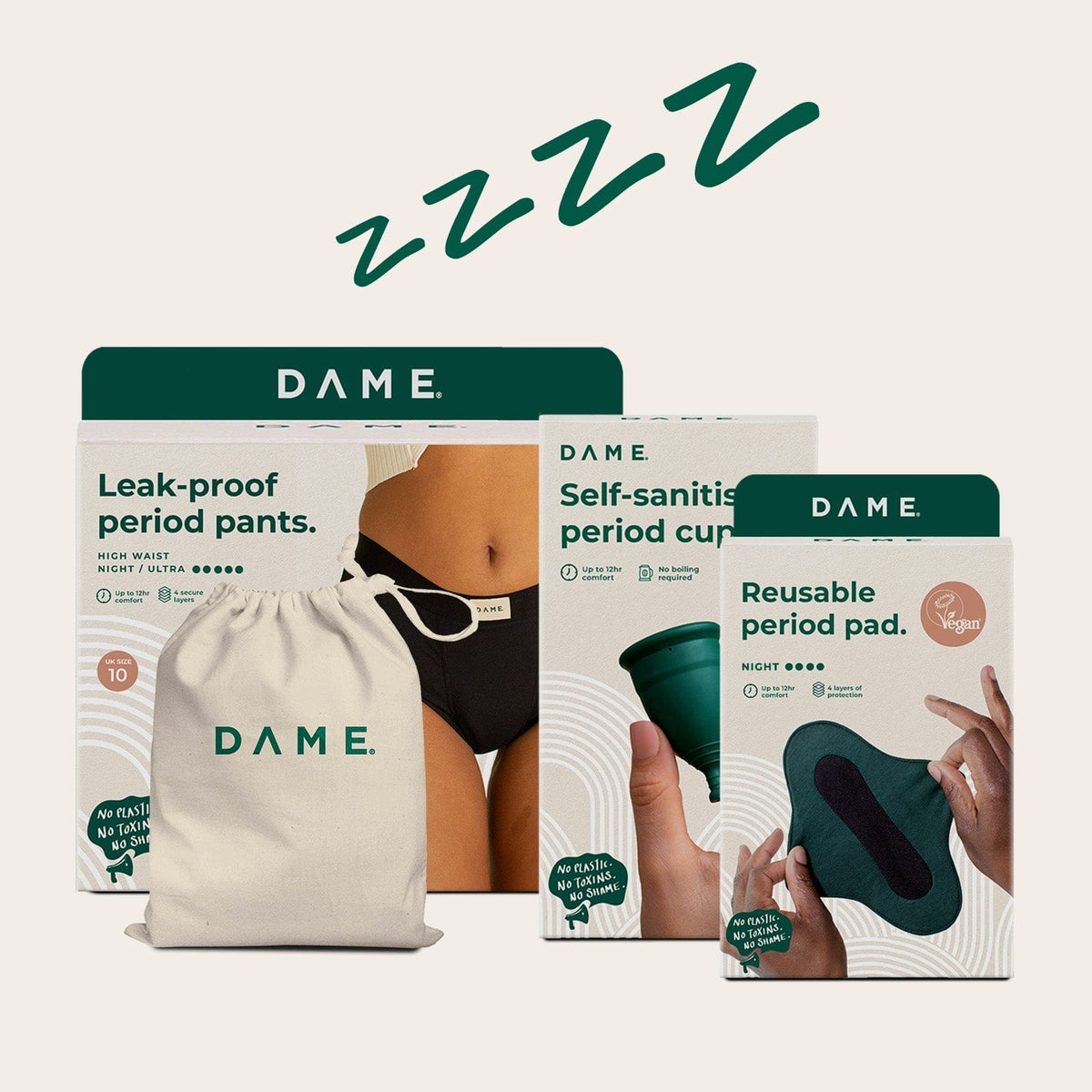 Sleep Bundle - Eco-friendly Menstrual Care featuring DAME reusable period pants, cup, and pad for overnight leak-free protection. Includes cotton storage bag.