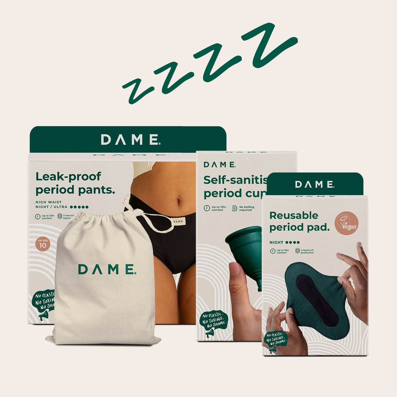 Sleep Bundle - Eco-friendly Menstrual Care featuring DAME reusable period pants, cup, and pad for overnight leak-free protection. Includes cotton storage bag.