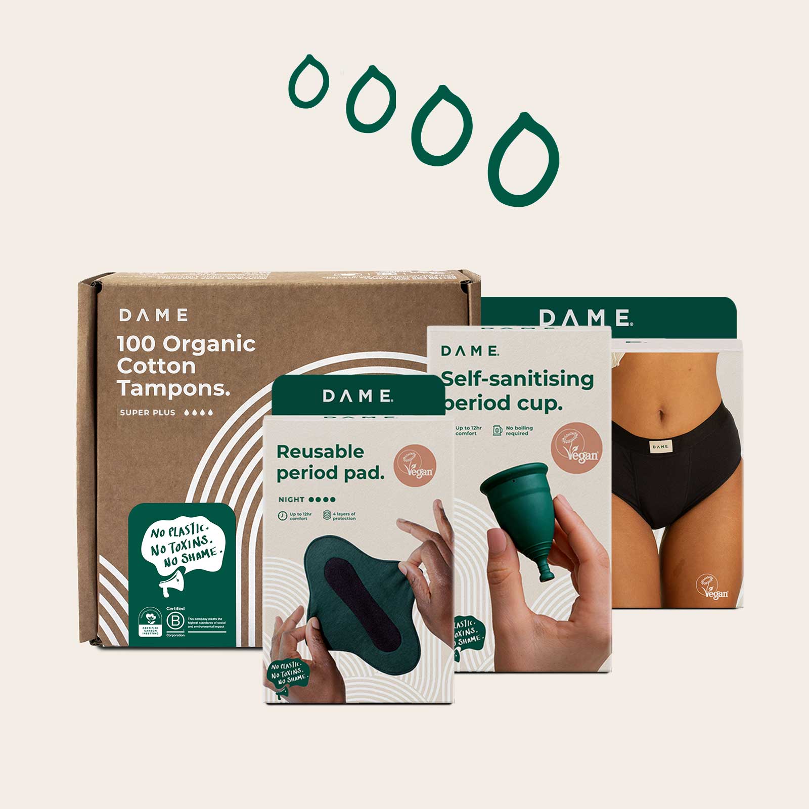 Heavy Flows Bundle - Heavy Period Kit featuring organic tampons, reusable pad, self-sanitising menstrual cup, and period underwear for heavy flow.