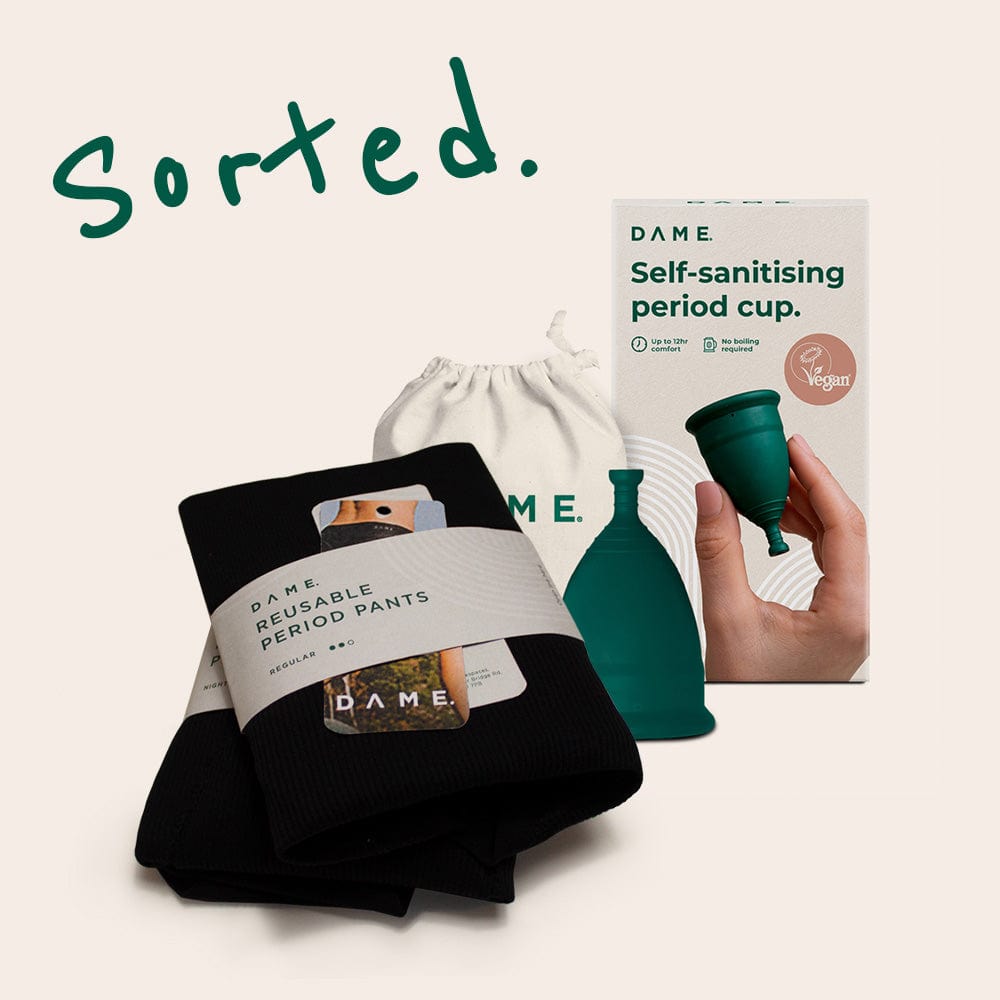 The Lucie - Eco-friendly Period Care bundle featuring DAME menstrual cup, reusable period pants, and storage pouch for sustainable feminine hygiene.