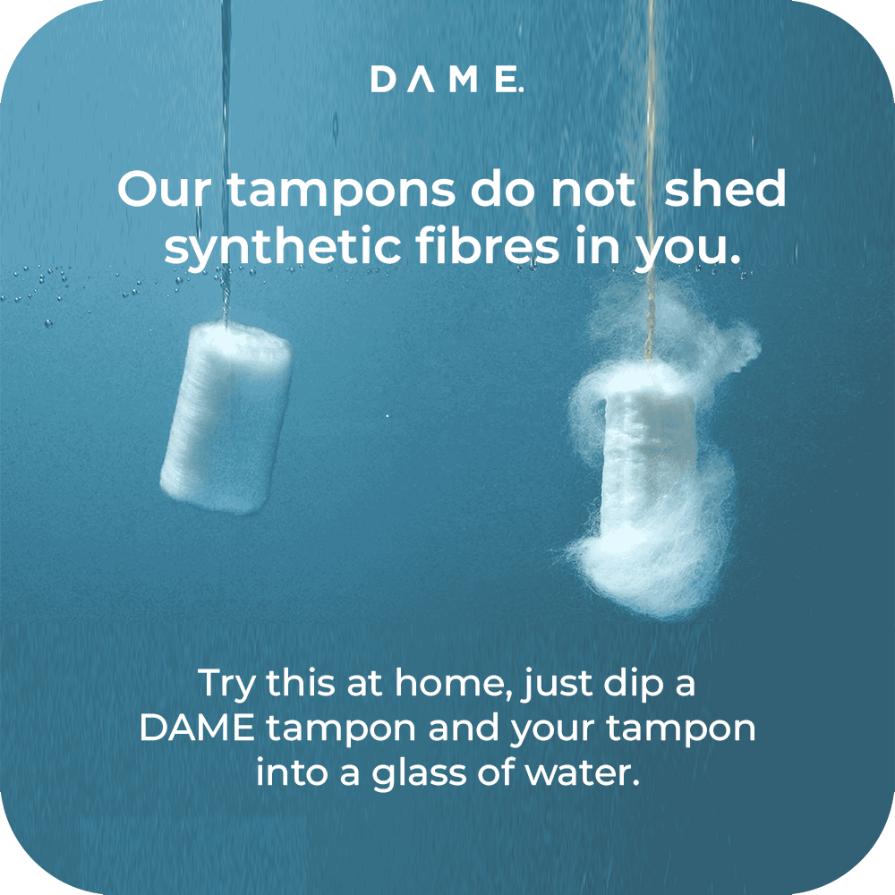 Super Tampon Postal 34-pack by DAME in eco-friendly packaging. Organic cotton, plastic-free tampons for sustainable period care in the UK.