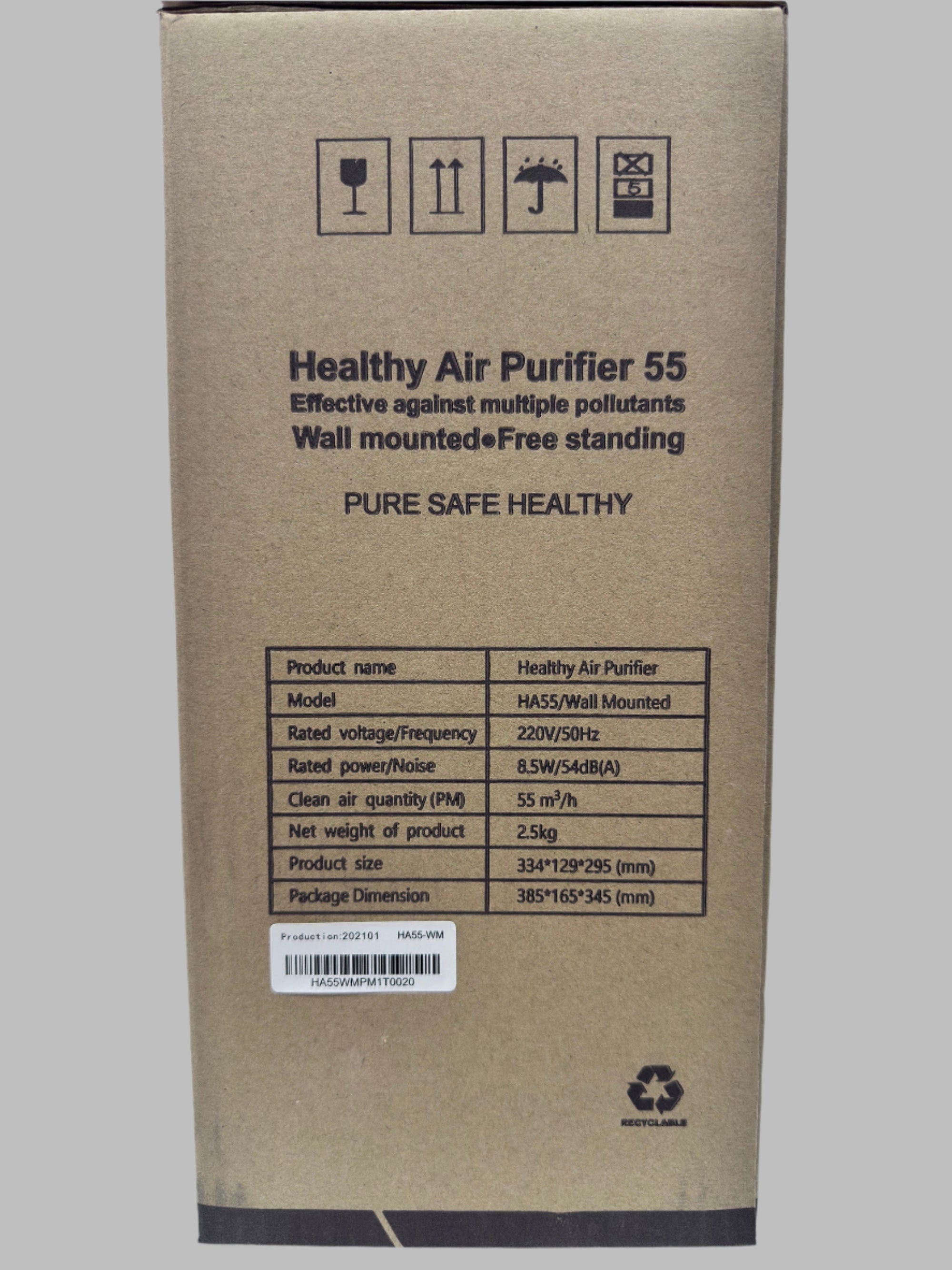 HA55-WM Air Purifier by Healthy Air Technology with wall-mounted compact design and LED control panel for clean air and allergy relief at home.