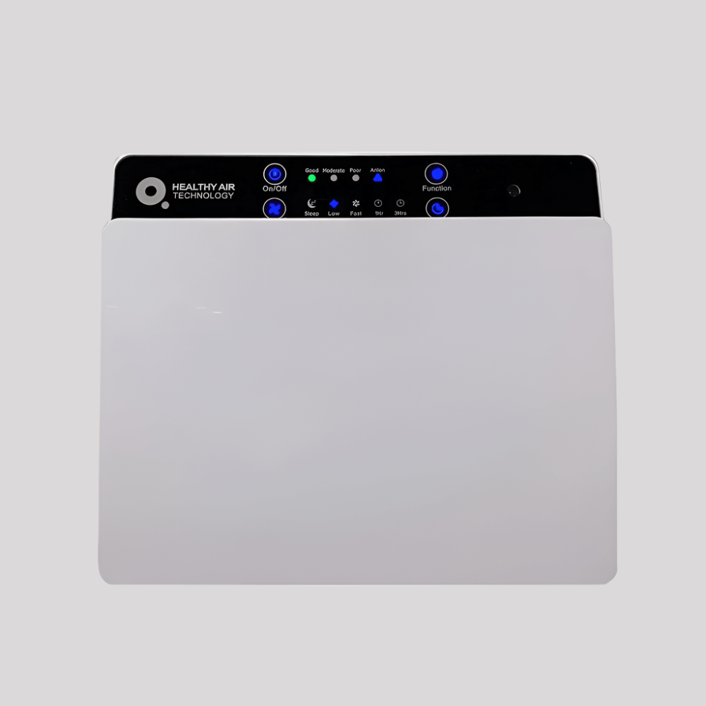 HA55-WM Air Purifier by Healthy Air Technology with wall-mounted compact design and LED control panel for clean air and allergy relief at home.