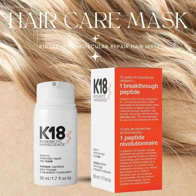 K18 Hair Mask Repair & Restore | Molecular Keratin Care in 50ml bottle with box. Leave-in treatment for damaged, bleached, or chemically treated hair.