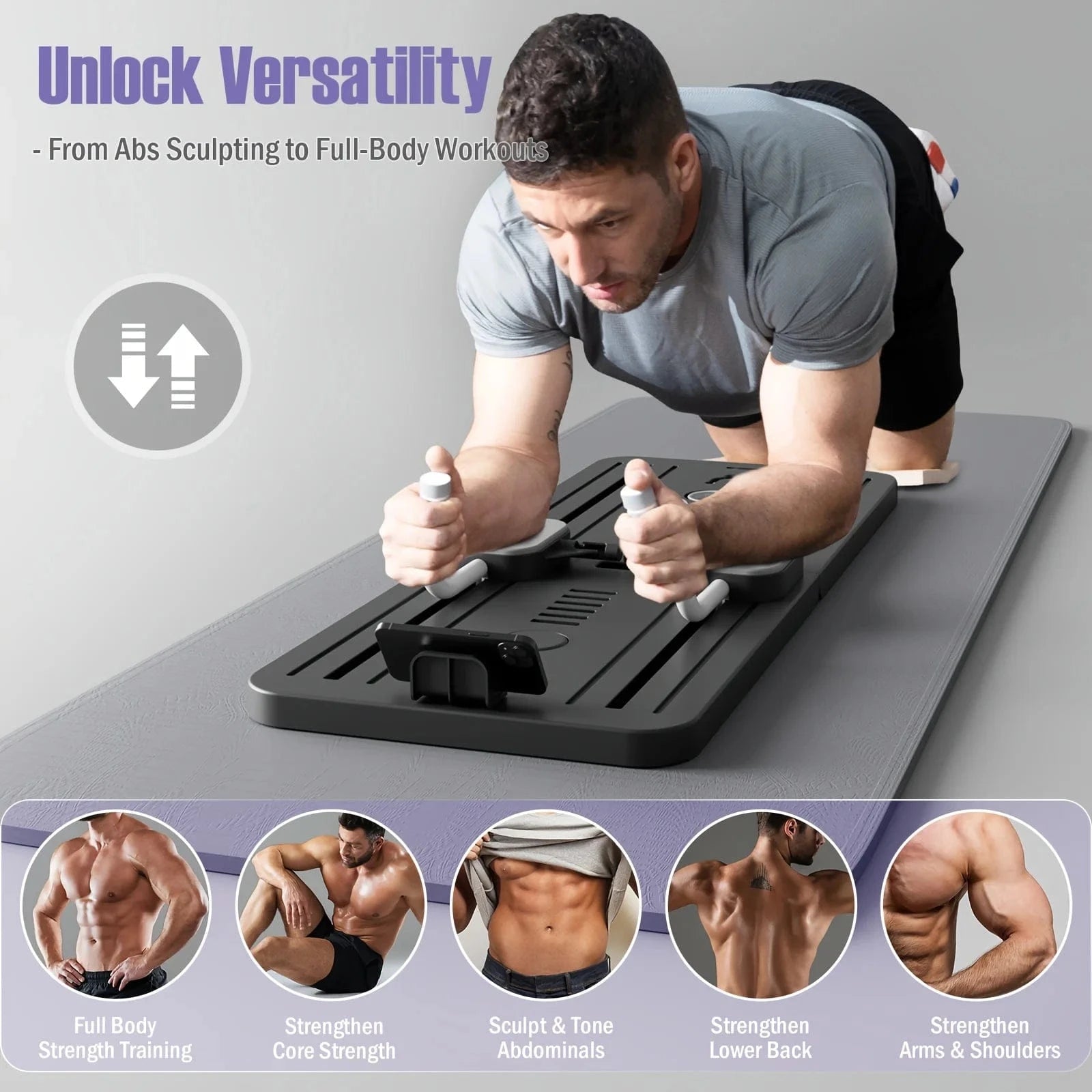 Foldable Pilates Reformer - Tone Core & Flex at Home shown in use for full-body workouts, targeting core, hips, and lower back with 4-in-1 functionality.