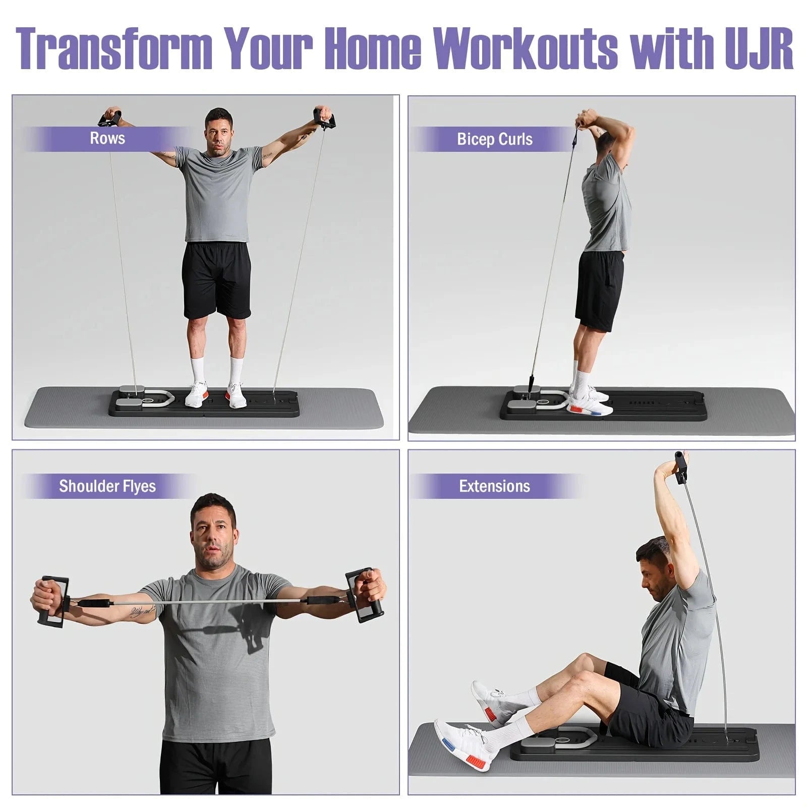 Foldable Pilates Reformer - Tone Core & Flex at Home shown in use for full-body workouts, targeting core, hips, and lower back with 4-in-1 functionality.