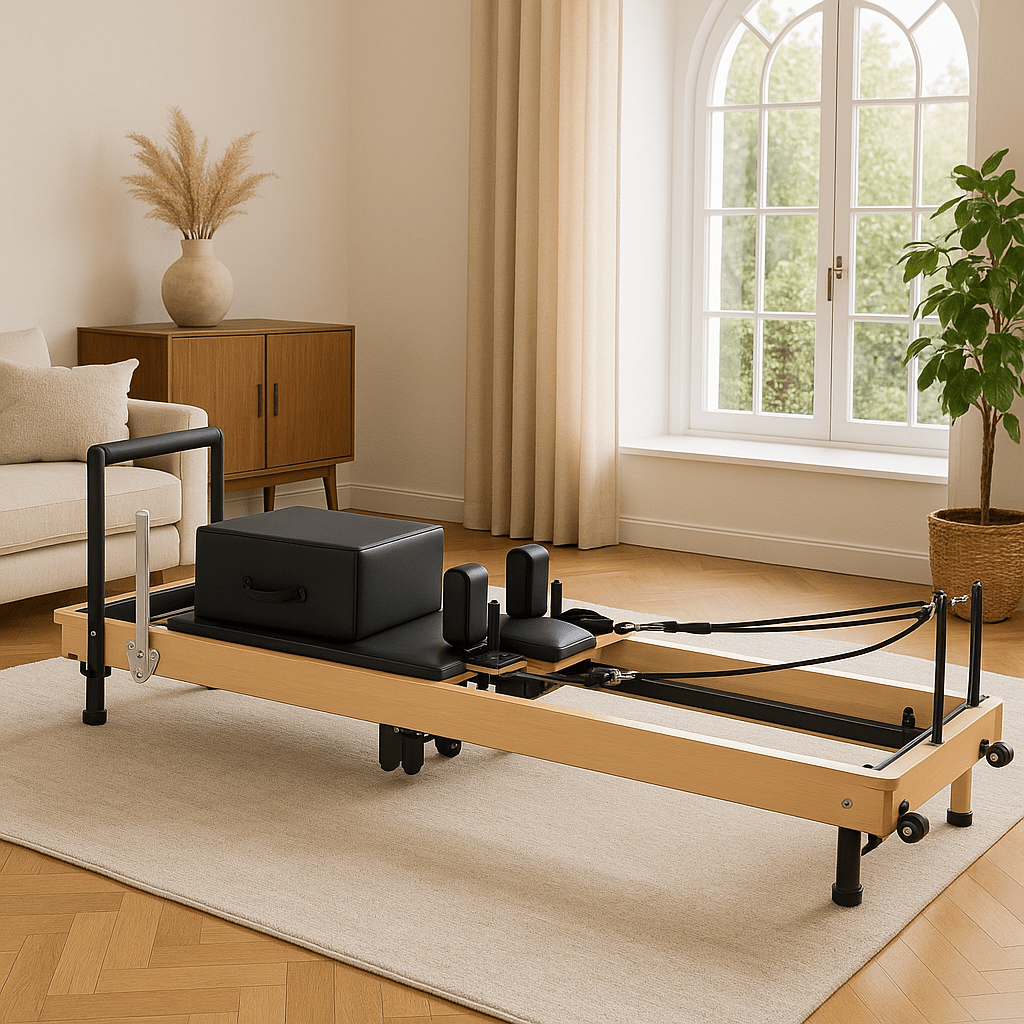 Home Folding Pilates Reformer – Compact & Portable with black padding and wooden frame, ideal for small spaces and home gyms.