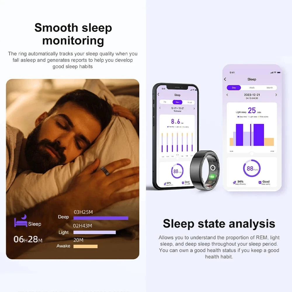 Smart Ring Health Hub with IP68 waterproof rating, skin-friendly material, and lightweight design for fitness and wellness tracking via app sync.