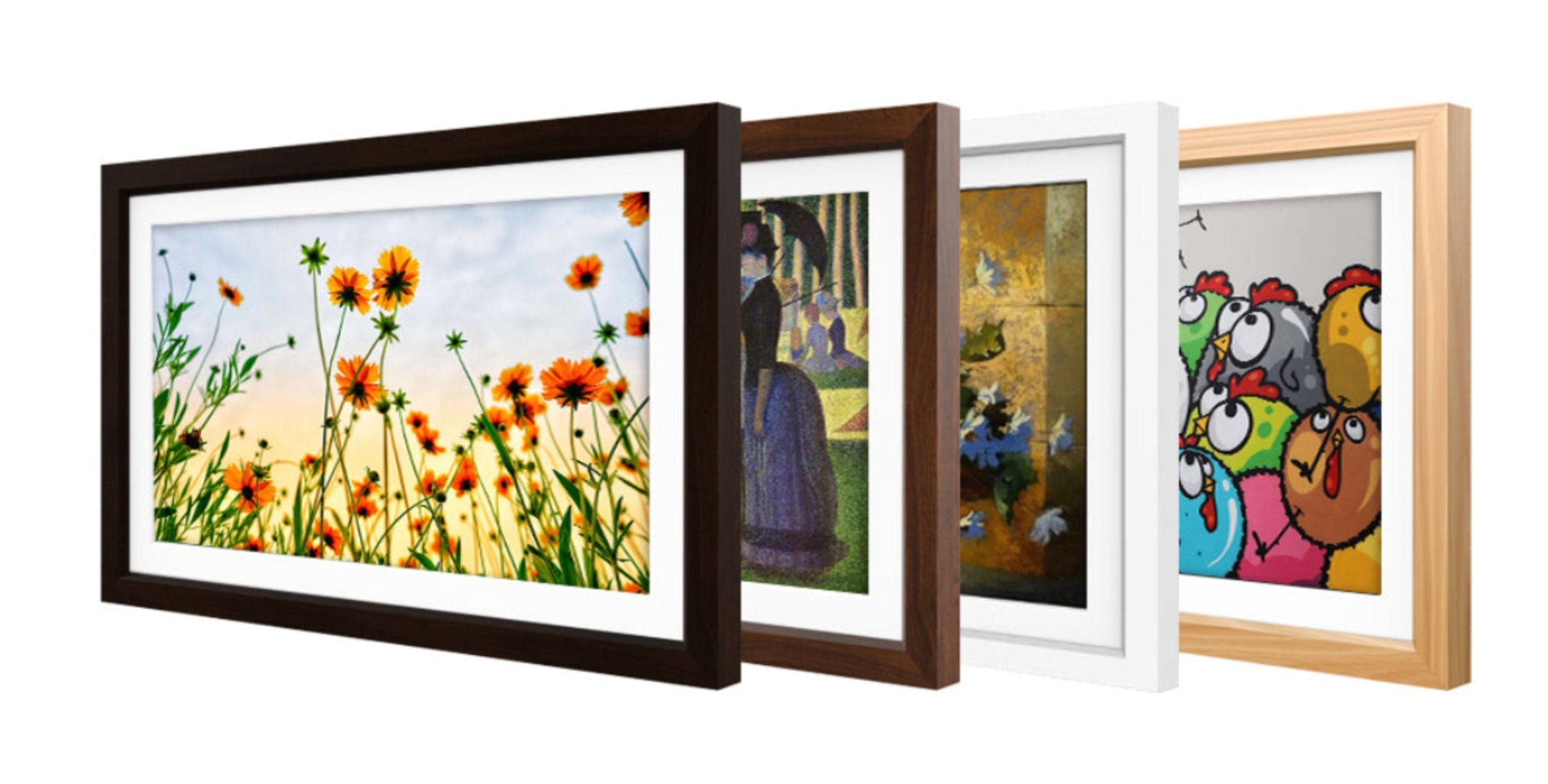 Vieunite Textura Digital Canvas - Art Display | 27-Inch, Wood Frame in four finishes showing various artworks including flowers and abstract art.