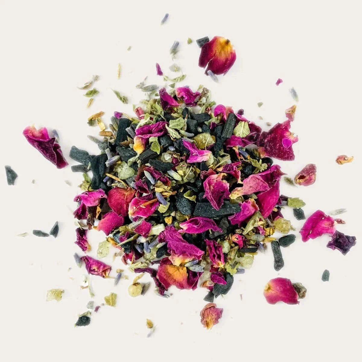 Home Incense Vanilla Lavender blend with rose petals and herbs in white tube packaging. Natural aromatherapy for stress relief and relaxation.
