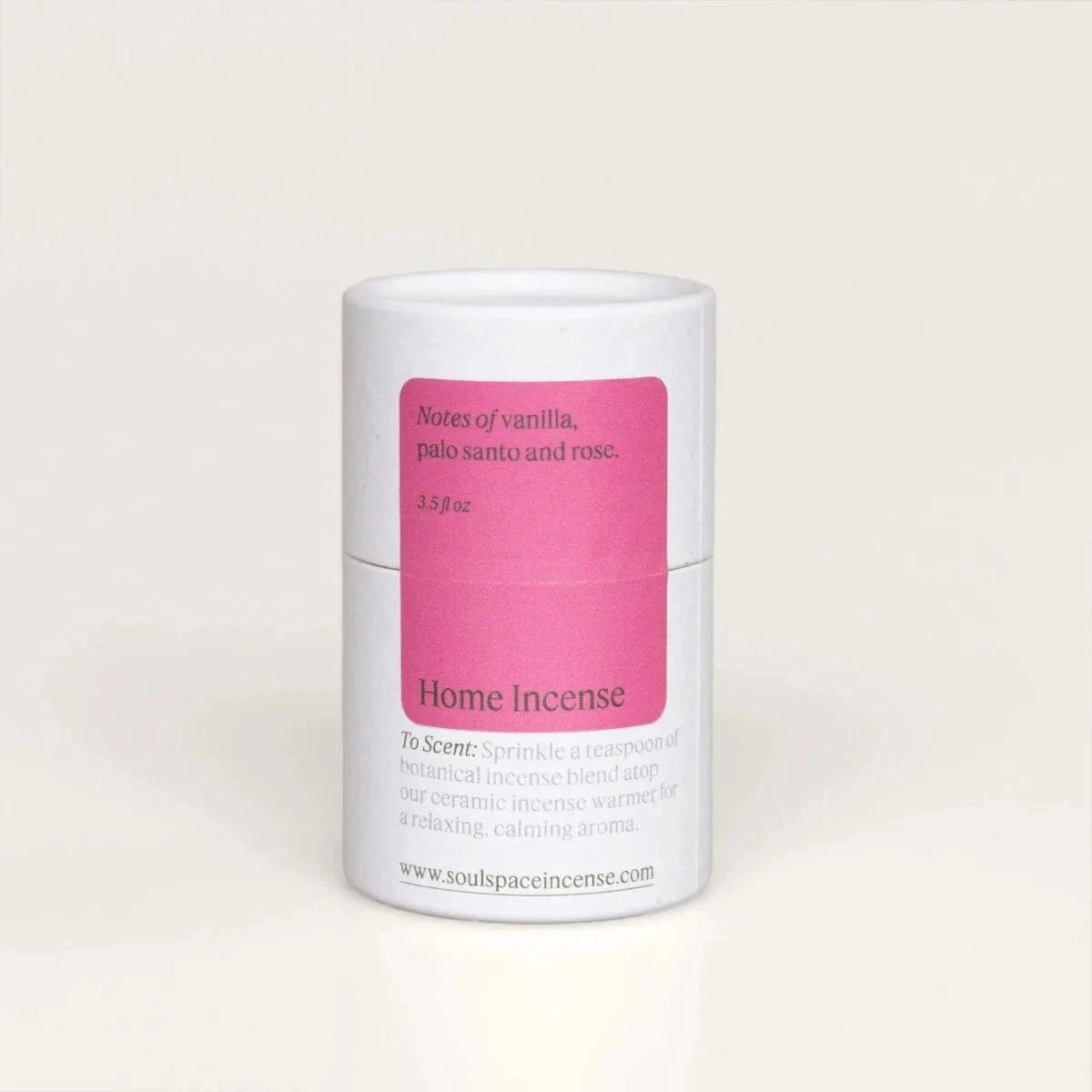 Home Incense Vanilla Lavender blend with rose petals and herbs in white tube packaging. Natural aromatherapy for stress relief and relaxation.