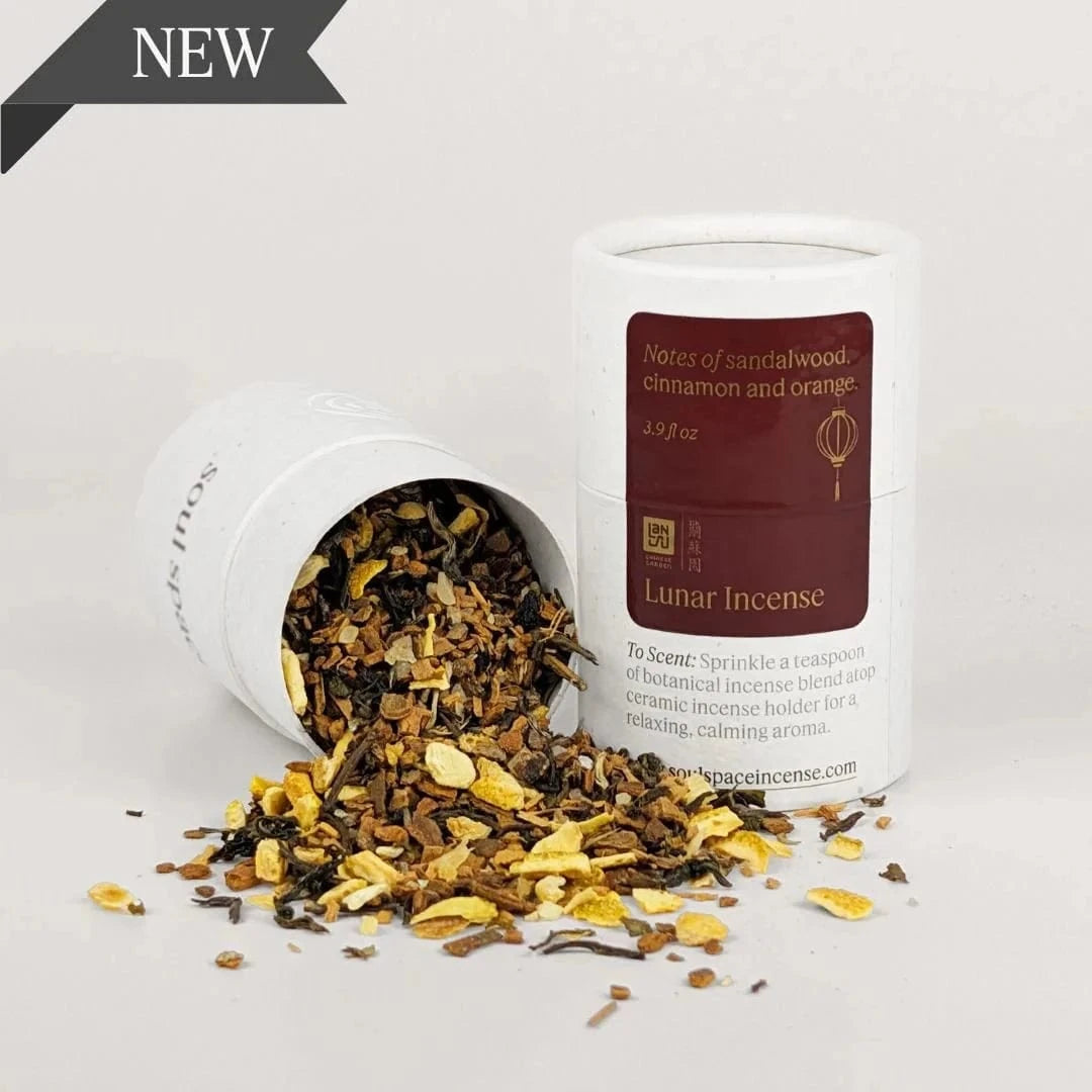 Lunar Incense - Sandalwood Cinnamon Orange blend in white container with loose botanical incense mix, ideal for calming home rituals.