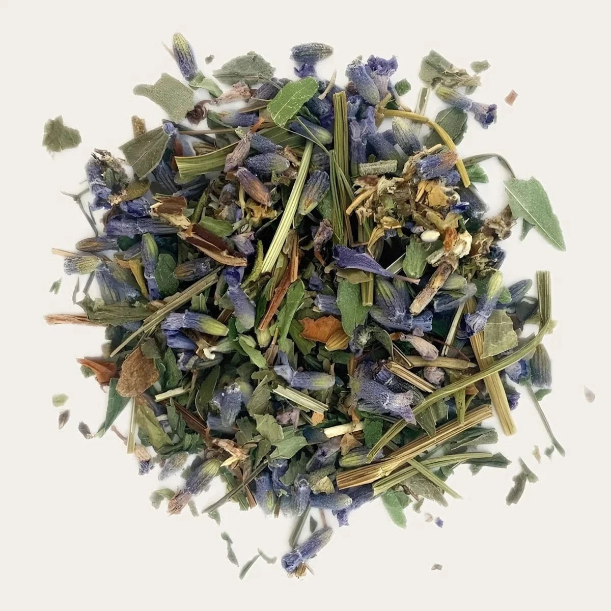 Sleep Incense Sweetgrass Lavender blend in white cylindrical container with dried herbs spilling out, ideal for restful sleep and stress relief.