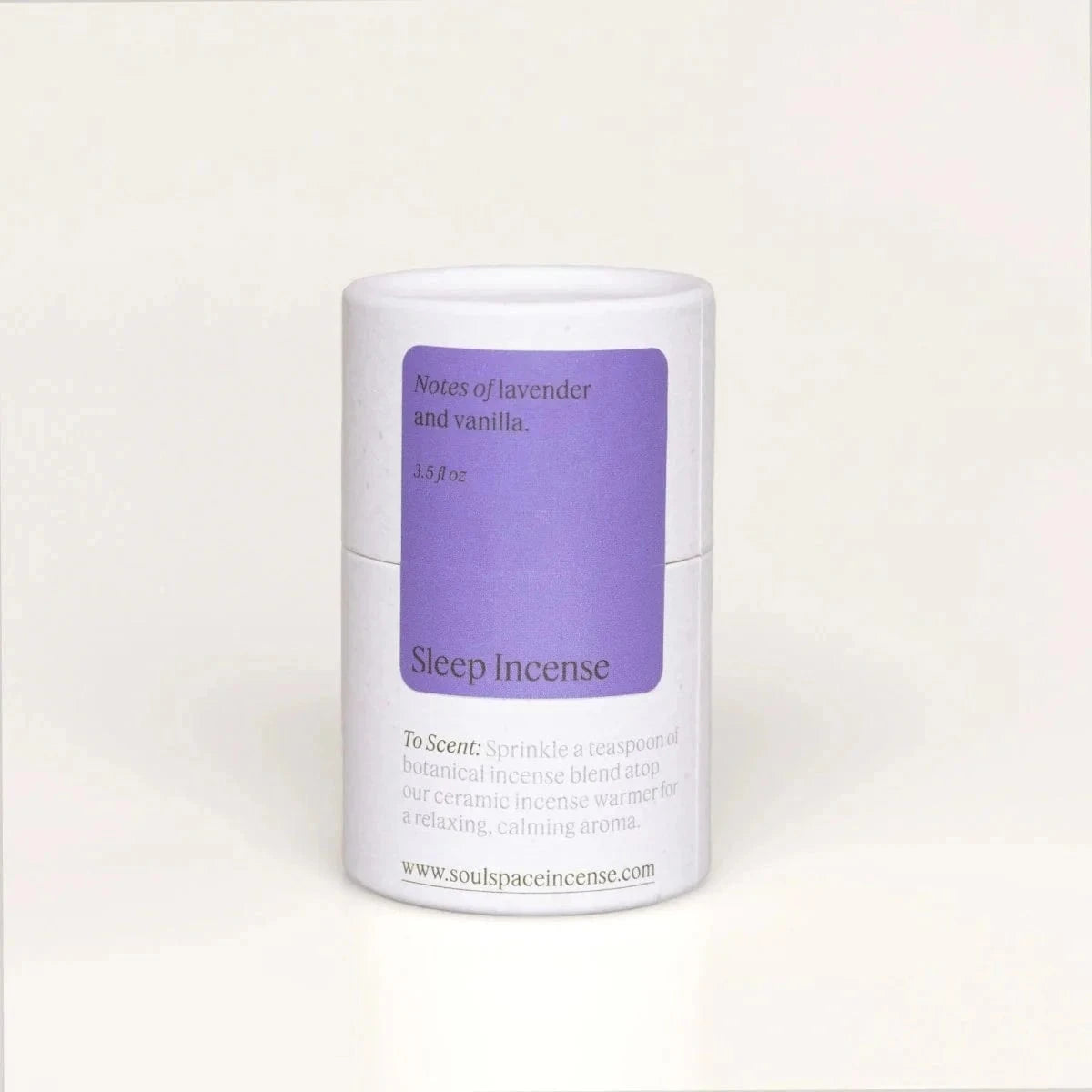 Sleep Incense Sweetgrass Lavender blend in white cylindrical container with dried herbs spilling out, ideal for restful sleep and stress relief.